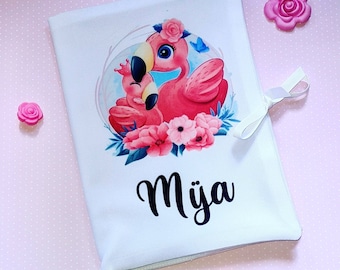 Protège carnet de santé flamant rose, cadeau de naissance personnalisé