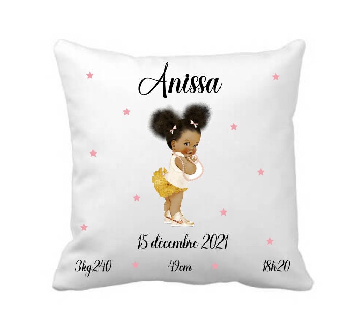 Coussin Personnalisé Bébé Métisse- Cadeau Naissance Prénom - Anniversaire Fille Personnalisable