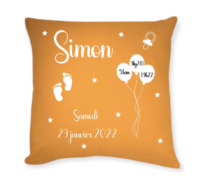 Coussin Personnalisé Bébé Garçon- Cadeau Naissance Prénom - Idée de Couleur Jaune