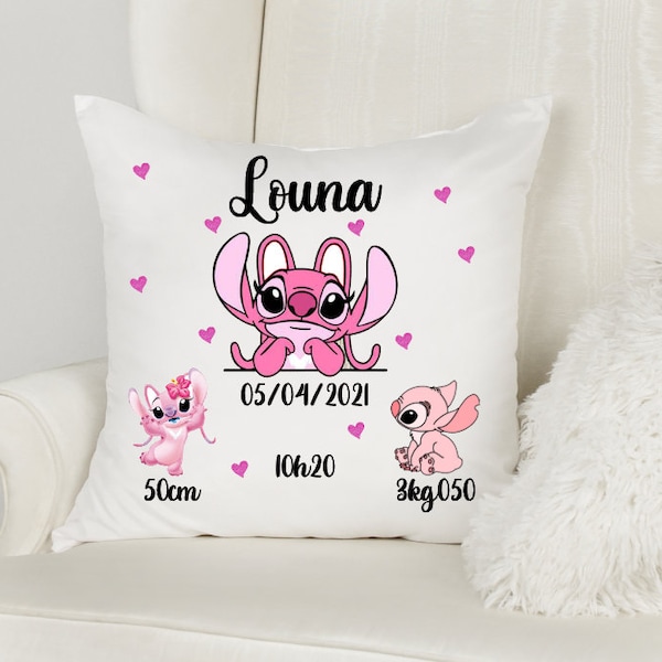 Coussin  personnalisé stitch angel - cadeau naissance personnalisable - cadeau original -angel rose