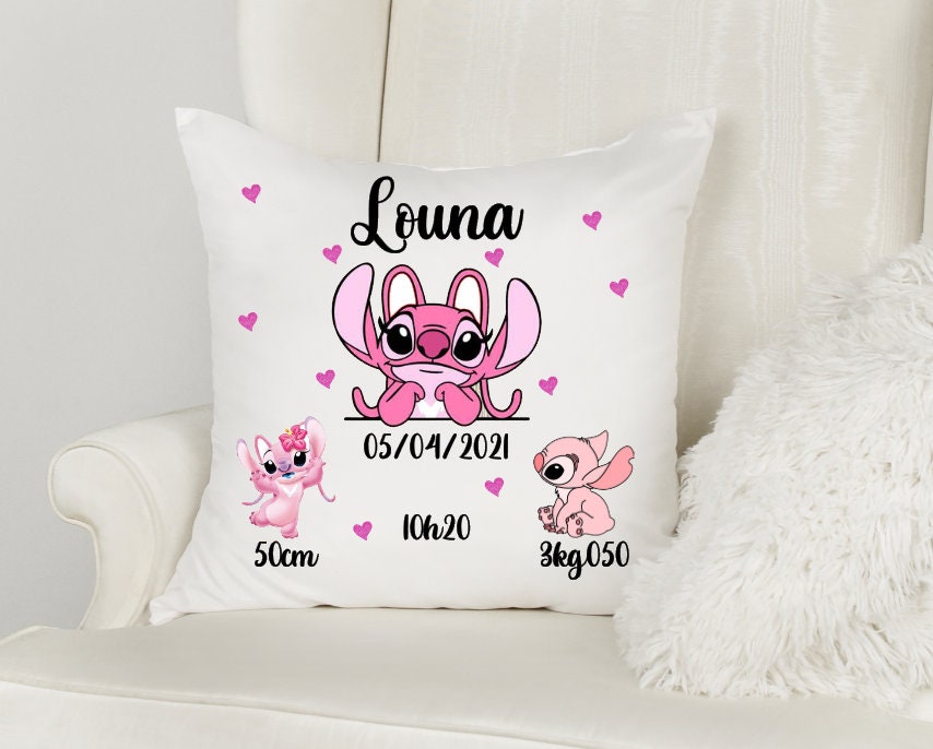 Coussin Personnalisé Stitch Angel - Cadeau Naissance Personnalisable Original -Angel Rose