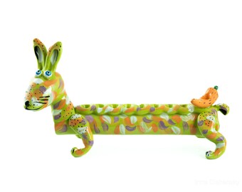 Green cute rabbit ceramic menorah Hanukkah , funny rabbit figurine menorah for kids