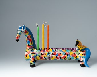 Ceramic colorful horse  figurine menorah Hanukkah - colorful horse  figurine clay menorah