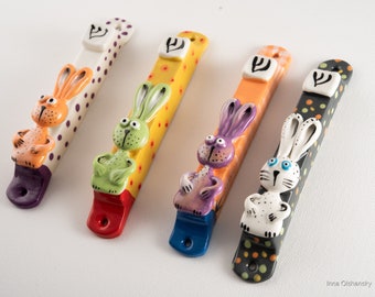Colorful ceramic kids white rabbit  case mezuzah from Israel, animals children mezuzah, multi-colored ceramic mezuzah case