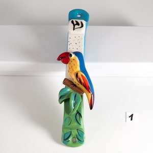 colorful ceramic kids parrot mezuzah from Israel, children mezuzah animals, multi-colored ceramic mezuzah case, kids room decor