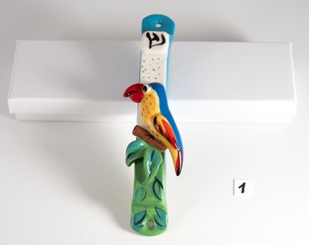 colorful ceramic kids parrot mezuzah from Israel, children mezuzah animals, multi-colored ceramic mezuzah case, kids room decor