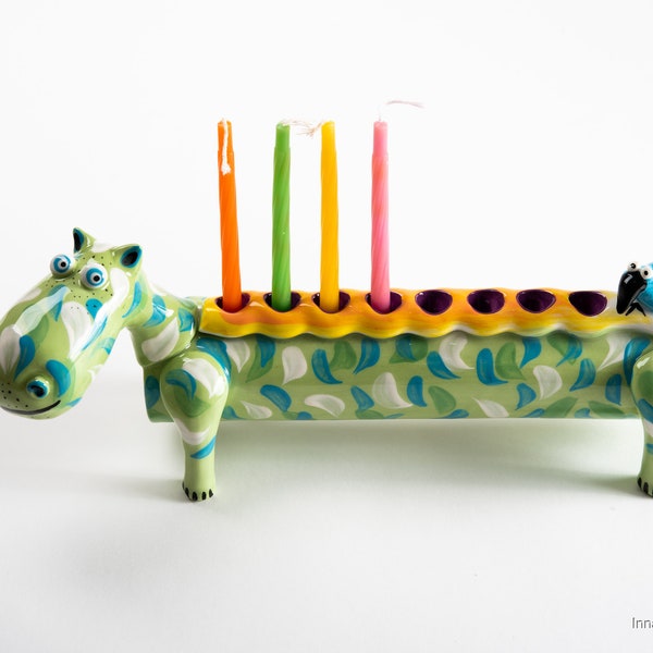 Green ceramic hippo menorah for kids for Hanukkah from Israel
