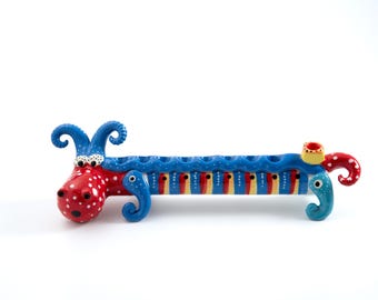 Ceramic Menorah Hanukkah Figurine Colorful Creature