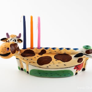 Funny cow ceramic figurine menorah Hanukkah - handmade colorful ceramic menorah - Hanukkah Israel
