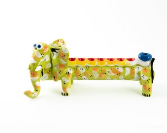 Ceramic cute green elephant figurine menorah for Hanukkah  - green elephant menorah handmade clay