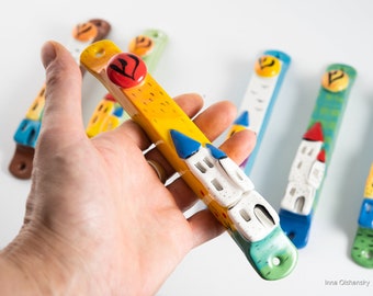 ceramic cute mezuzah case,  small houses mezuzah from Israel, Jewish gift, colorful ceramic mezuzah case, wall decor kids room