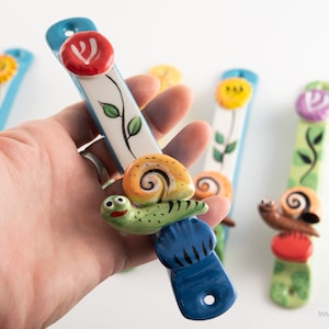 colorful ceramic kids snail mezuzah from Israel, children mezuzah , multi-colored ceramic mezuzah case, kids room decor