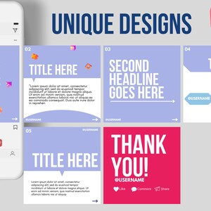 May include: A set of six Instagram post templates with unique designs. The templates feature a light blue background with white text and colorful accents. The text includes "Your Post Title Goes Here", "Title Here", "Second Headline Goes Here", and "Thank You!" The templates are designed for social media marketing and branding.