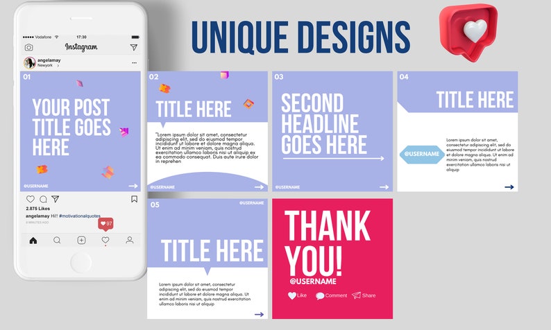 May include: A set of six Instagram post templates with unique designs. The templates feature a light blue background with white text and colorful accents. The text includes "Your Post Title Goes Here", "Title Here", "Second Headline Goes Here", and "Thank You!" The templates are designed for social media marketing and branding.