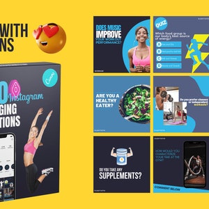 Puede incluir: Una caja azul y negra con el texto "100 preguntas atractivas de Instagram" y una mujer saltando en el aire. La caja est&aacute; etiquetada como "Totalmente personalizable". La imagen tambi&eacute;n muestra una cuadr&iacute;cula de nueve publicaciones de Instagram con preguntas sobre fitness, salud y nutrici&oacute;n.