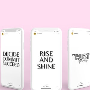 Puede incluir: Tres maquetas de tel&eacute;fonos inteligentes blancos con texto negro sobre un fondo rosa. El texto en los tel&eacute;fonos dice "Decide Commit Succeed", "Rise and Shine" y "Trust Yourself".
