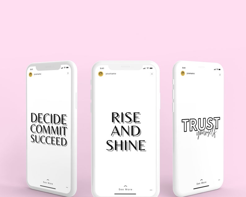Puede incluir: Tres maquetas de tel&eacute;fonos inteligentes blancos con texto negro sobre un fondo rosa. El texto en los tel&eacute;fonos dice "Decide Commit Succeed", "Rise and Shine" y "Trust Yourself".
