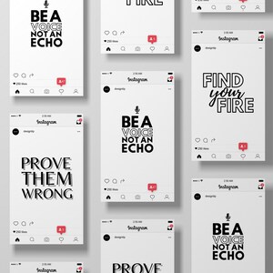 Puede incluir: Una colecci&oacute;n de nueve publicaciones de Instagram con citas motivacionales. Las citas est&aacute;n en texto negro sobre fondo blanco. Las citas incluyen "S&eacute; una voz, no un eco", "Encuentra tu fuego", "Demu&eacute;strales que est&aacute;n equivocados", y "S&eacute; una voz, no un echo".