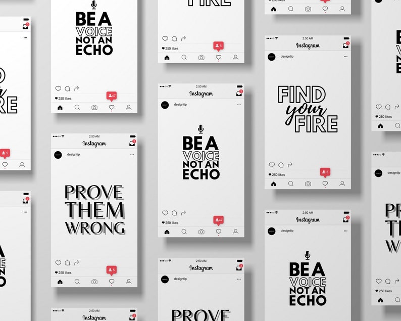 Puede incluir: Una colecci&oacute;n de nueve publicaciones de Instagram con citas motivacionales. Las citas est&aacute;n en texto negro sobre fondo blanco. Las citas incluyen "S&eacute; una voz, no un eco", "Encuentra tu fuego", "Demu&eacute;strales que est&aacute;n equivocados", y "S&eacute; una voz, no un echo".