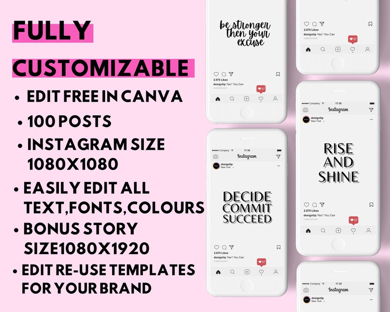 Puede incluir: Un conjunto de 100 plantillas de publicaciones de Instagram personalizables. Las plantillas est&aacute;n dise&ntilde;adas para usar con Canva y presentan citas motivacionales, como "S&eacute; m&aacute;s fuerte que tu excusa" y "Lev&aacute;ntate y brilla". Las plantillas tienen un tama&ntilde;o de 1080x1080 p&iacute;xeles e incluyen una plantilla de historia adicional de 1080x1920 p&iacute;xeles.