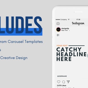 May include: A mockup of an Instagram post with a green arrow and the text "CATCHY HEADLINE HERE". The post is part of a set of 10 Instagram carousel templates with 60 slides, designed for Canva.