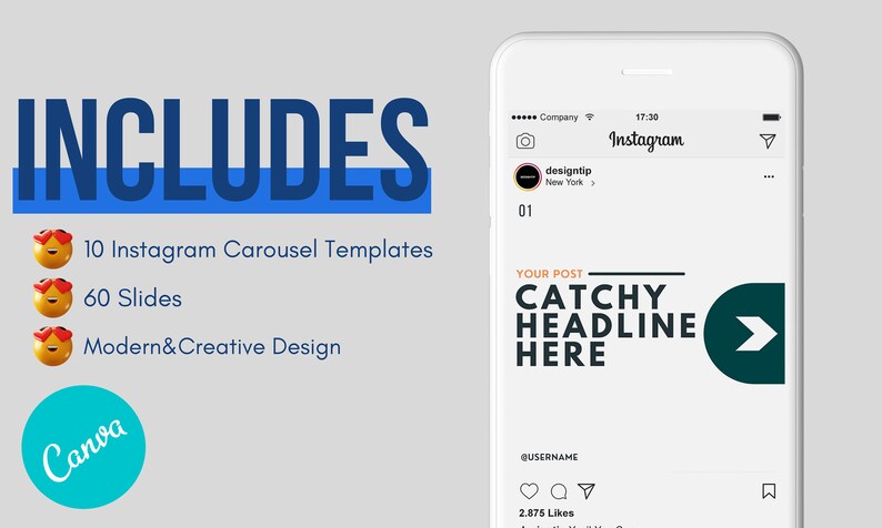 May include: A mockup of an Instagram post with a green arrow and the text "CATCHY HEADLINE HERE". The post is part of a set of 10 Instagram carousel templates with 60 slides, designed for Canva.