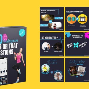 Puede incluir: Una caja negra con el texto "30 Instagram This or That Questions" y "Fully Customizable" en el lateral. La caja presenta una ilustraci&oacute;n colorida de una mujer haciendo ejercicio con pesas. La imagen tambi&eacute;n muestra una cuadr&iacute;cula de 12 plantillas de historias de Instagram con varias preguntas relacionadas con el fitness.