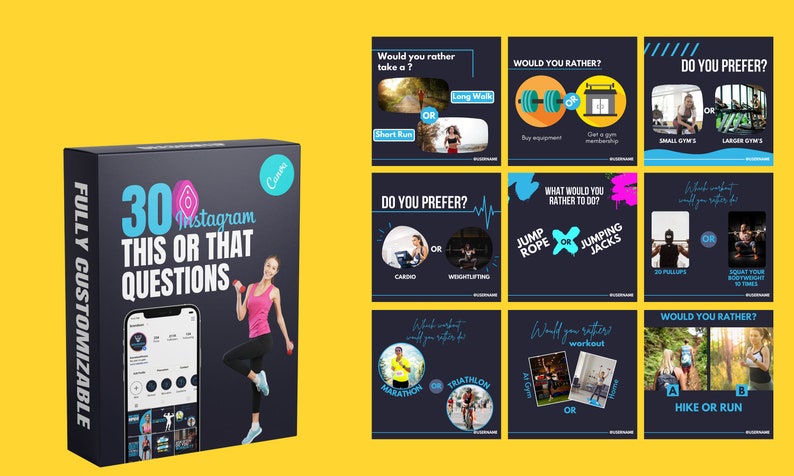 Puede incluir: Una caja negra con el texto "30 Instagram This or That Questions" y "Fully Customizable" en el lateral. La caja presenta una ilustraci&oacute;n colorida de una mujer haciendo ejercicio con pesas. La imagen tambi&eacute;n muestra una cuadr&iacute;cula de 12 plantillas de historias de Instagram con varias preguntas relacionadas con el fitness.