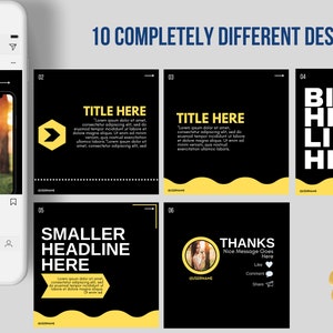 May include: A collection of 10 different Instagram post design layouts with black backgrounds and yellow accents. The layouts feature text such as "Your Post Title Goes Here", "Title Here", "Smaller Headline Here", and "Big Headline Here".