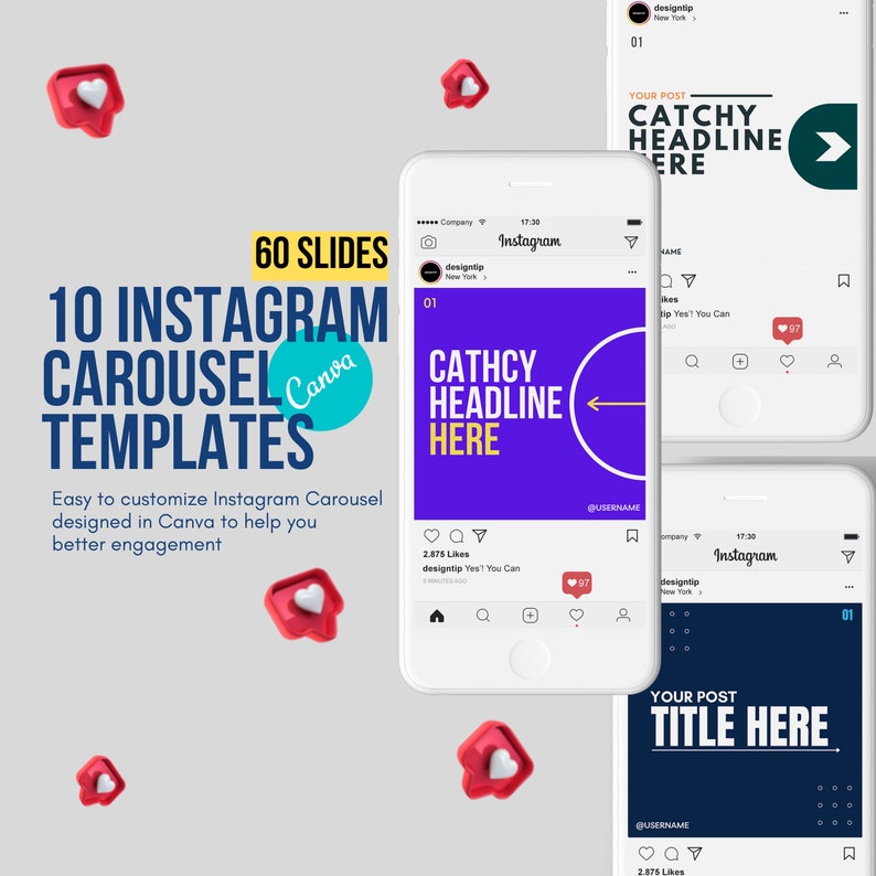 May include: Ten Instagram carousel templates designed in Canva. The templates feature a purple background with white text that reads "Catchy Headline Here" and a white arrow pointing to the left. The templates are easy to customize and help you get better engagement.