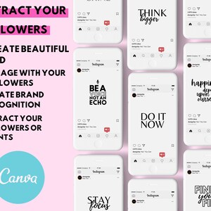 Puede incluir: Un fondo rosa con un c&iacute;rculo azul que contiene la palabra "Canva" en blanco. La imagen tambi&eacute;n muestra nueve maquetas de publicaciones de Instagram con citas motivacionales en texto negro sobre fondo blanco. Las citas incluyen "Piensa en grande", "S&eacute; una voz, no un eco", "Hazlo ahora", "La felicidad depende de nosotros mismos", "Mantente enfocado", y "Encuentra tu fuego".