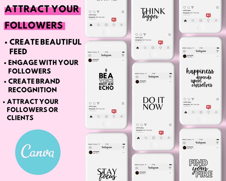Puede incluir: Un fondo rosa con un c&iacute;rculo azul que contiene la palabra "Canva" en blanco. La imagen tambi&eacute;n muestra nueve maquetas de publicaciones de Instagram con citas motivacionales en texto negro sobre fondo blanco. Las citas incluyen "Piensa en grande", "S&eacute; una voz, no un eco", "Hazlo ahora", "La felicidad depende de nosotros mismos", "Mantente enfocado", y "Encuentra tu fuego".