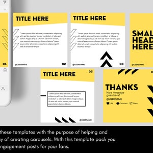 May include: A set of six yellow and black Instagram carousel templates with black text that reads "TITLE HERE", "YOUR POST TITLE HERE", "SMALLER HEADLINE HERE", and "THANKS". The templates feature black and white geometric shapes.