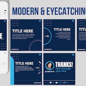 May include: A set of six Instagram post templates with a modern and eye-catching design. The templates feature a dark blue background with light blue accents and white text. The text includes the words "TITLE HERE" and "THANKS!" along with a sample message.