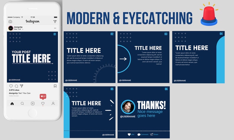 May include: A set of six Instagram post templates with a modern and eye-catching design. The templates feature a dark blue background with light blue accents and white text. The text includes the words "TITLE HERE" and "THANKS!" along with a sample message.