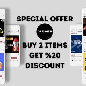 Puede incluir: Una oferta especial para comprar dos art&iacute;culos: compra 2 art&iacute;culos, obt&eacute;n un 20% de descuento. La imagen muestra nueve plantillas de publicaciones de Instagram con diferentes dise&ntilde;os y textos. El texto en las plantillas incluye "Tu titular aqu&iacute;", "C&oacute;mo destacar en tu Instagram", "Cohete para el lanzamiento de Instagram", "Tu t&iacute;tulo de publicaci&oacute;n aqu&iacute;" y "Tu t&iacute;tulo aqu&iacute;".