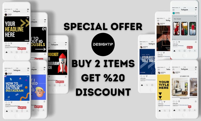 Puede incluir: Una oferta especial para comprar dos art&iacute;culos: compra 2 art&iacute;culos, obt&eacute;n un 20% de descuento. La imagen muestra nueve plantillas de publicaciones de Instagram con diferentes dise&ntilde;os y textos. El texto en las plantillas incluye "Tu titular aqu&iacute;", "C&oacute;mo destacar en tu Instagram", "Cohete para el lanzamiento de Instagram", "Tu t&iacute;tulo de publicaci&oacute;n aqu&iacute;" y "Tu t&iacute;tulo aqu&iacute;".