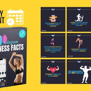 Puede incluir: Una caja negra con un borde blanco y el texto "380 DAY CONTENT" y "FULLY CUSTOMIZABLE" en el lado izquierdo. La caja tiene una imagen de una mujer con un sujetador deportivo negro y leggings negros con el texto "50 Instagram FITNESS FACTS" en la parte delantera. La caja est&aacute; rodeada de 10 cuadrados negros m&aacute;s peque&ntilde;os con bordes blancos y texto sobre consejos de fitness.