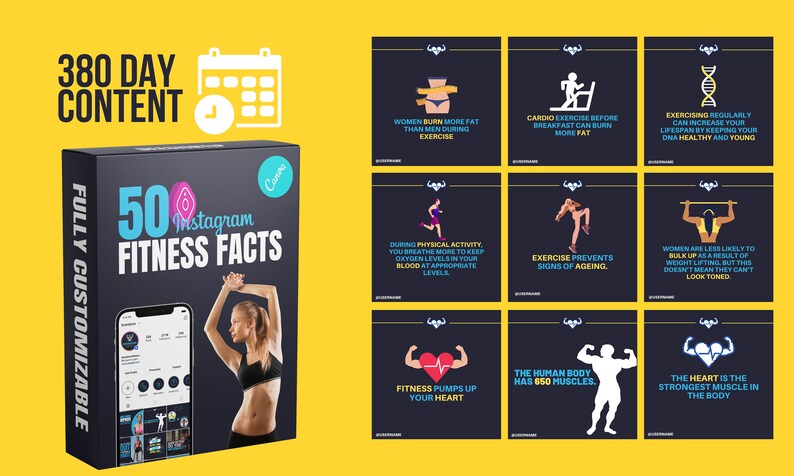 Puede incluir: Una caja negra con un borde blanco y el texto "380 DAY CONTENT" y "FULLY CUSTOMIZABLE" en el lado izquierdo. La caja tiene una imagen de una mujer con un sujetador deportivo negro y leggings negros con el texto "50 Instagram FITNESS FACTS" en la parte delantera. La caja est&aacute; rodeada de 10 cuadrados negros m&aacute;s peque&ntilde;os con bordes blancos y texto sobre consejos de fitness.
