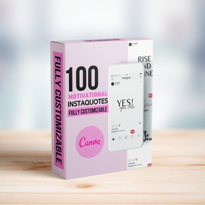 Puede incluir: Una caja rosa con el texto "100 Instaquotes Motivacionales Totalmente Personalizables" y un logotipo de Canva. La caja est&aacute; junto a una maqueta de tel&eacute;fono inteligente que muestra una publicaci&oacute;n en redes sociales con el texto "&iexcl;S&Iacute;! t&uacute; puedes".