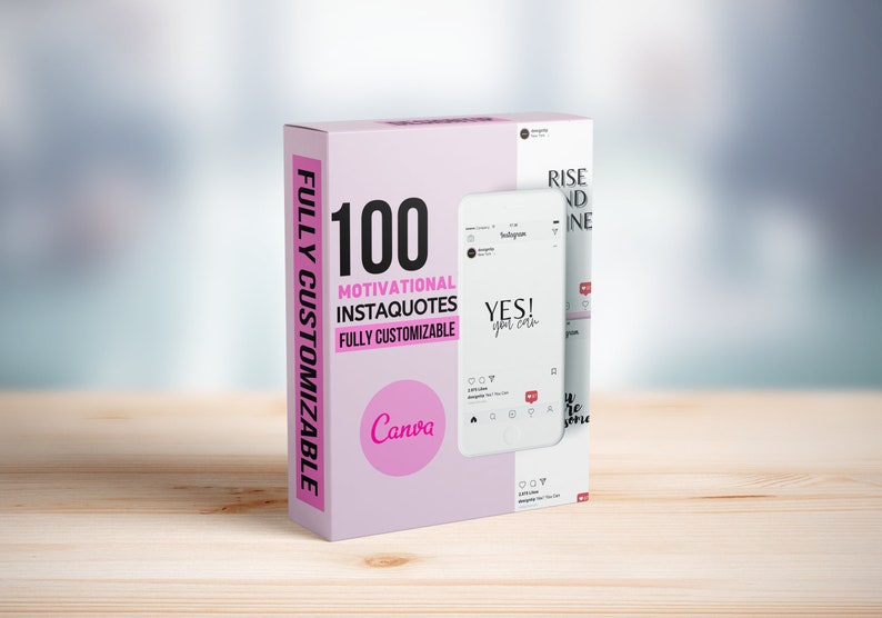 Puede incluir: Una caja rosa con el texto "100 Instaquotes Motivacionales Totalmente Personalizables" y un logotipo de Canva. La caja est&aacute; junto a una maqueta de tel&eacute;fono inteligente que muestra una publicaci&oacute;n en redes sociales con el texto "&iexcl;S&Iacute;! t&uacute; puedes".