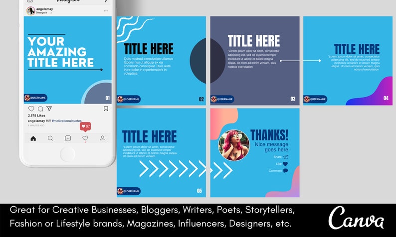 May include: A set of four Instagram post templates with a blue, pink, and purple color scheme. The templates feature a variety of geometric shapes and text, including "Your Amazing Title Here", "Title Here", and "Thanks! Nice message goes here".