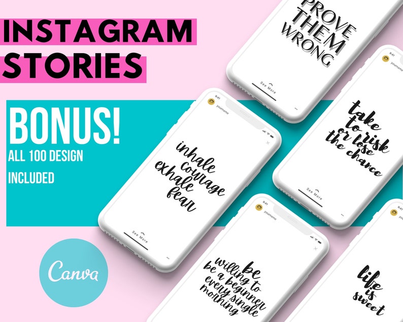 Puede incluir: Un conjunto de 100 plantillas de historias de Instagram con citas motivacionales. Las citas incluyen "Demuestra que est&aacute;n equivocados", "Toma el riesgo o pierde la oportunidad", "Inhala coraje, exhala miedo", "Est&eacute; dispuesto a ser un principiante cada ma&ntilde;ana", y "La vida es dulce".