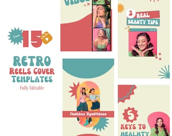 Może przedstawiać: Zestaw 15 szablonów okładek rolek na Instagramie w stylu retro. Szablony charakteryzują się różnorodnością kolorów i wzorów, w tym różowym, zielonym i żółtym. Tekst na szablonach zawiera "Retro Vibes", "3 Real Beauty Tips", "Fashion Tips & Ideas" i "5 Keys to Healthy Life".