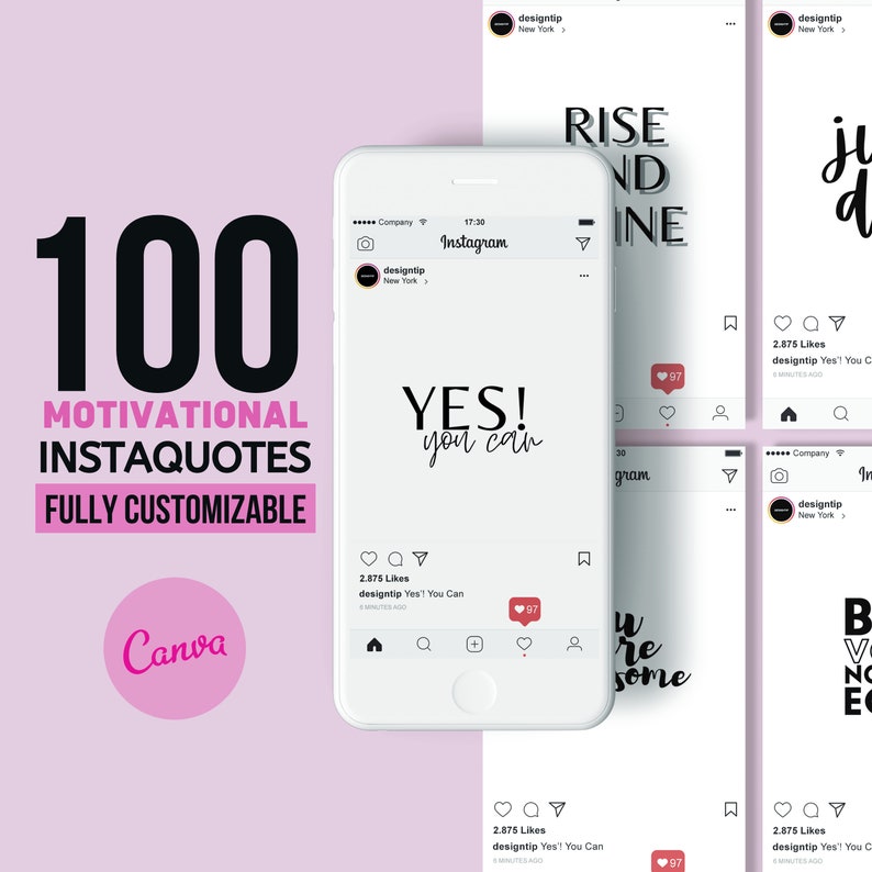 Puede incluir: Una maqueta de pantalla de tel&eacute;fono inteligente que muestra una cita motivacional, "YES! you can." La cita est&aacute; en texto negro sobre un fondo blanco. El tel&eacute;fono est&aacute; rodeado de otras maquetas de publicaciones de Instagram con citas motivacionales, que incluyen "RISE AND SHINE" y "You are awesome." El fondo es de color rosa claro. El texto "100 MOTIVATIONAL INSTAQUOTES FULLY CUSTOMIZABLE" est&aacute; en texto negro sobre un fondo blanco. El texto "Canva" est&aacute; en texto blanco sobre un fondo rosa.