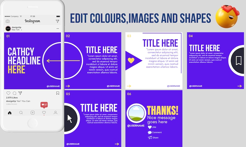 May include: A set of six Instagram post templates with a purple background and yellow accents. The templates feature different shapes, icons, and text. The text includes the words "Catchy Headline Here", "Title Here", and "Thanks!"