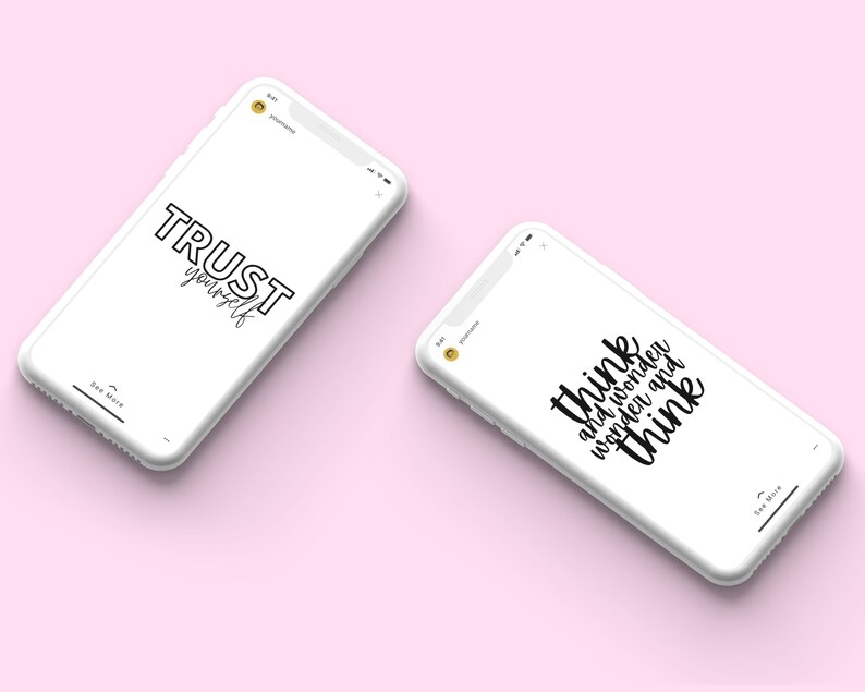 Puede incluir: Dos maquetas de tel&eacute;fonos inteligentes blancos con texto negro sobre un fondo rosa. El tel&eacute;fono de la izquierda muestra el texto "TRUST yourself". El tel&eacute;fono de la derecha muestra el texto "Think and wonder, wander and think".