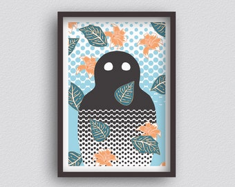 Silent Contemplation - Blue & Orange - A3 Giclée Print - Pop Surrealism LowBrow - Surrealist Monster Naive Pop Art