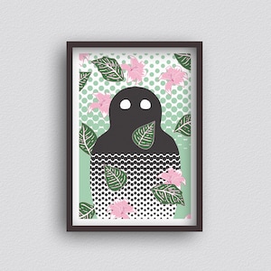 Silent Contemplation - Green & Pink - A3 Giclée Print - Pop Surrealism LowBrow - Surrealist Monster Naive Pop Art