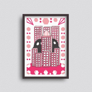 Just Right There - Magenta - A3 Giclée Druck - Wandkunst - Surrealistische Monster Stadtansicht Pop Art